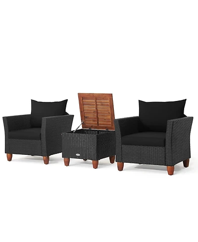 Gymax 3PCS Patio Rattan Conversation Set Outdoor Furniture Set w/ Black Cushions