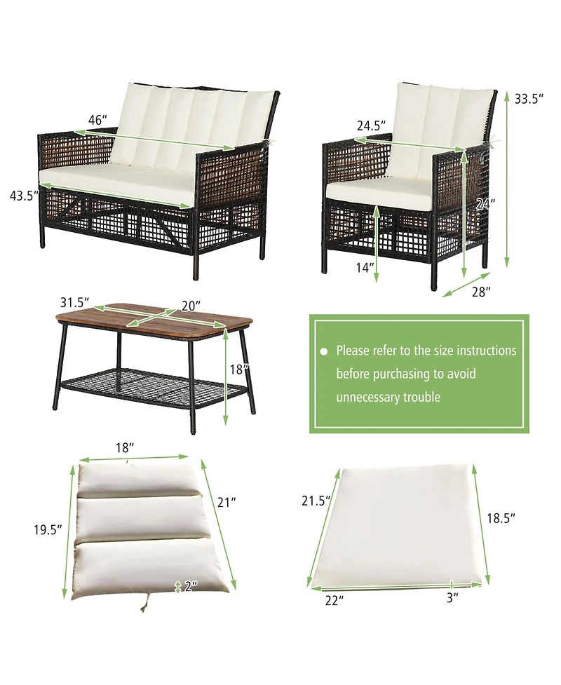 Gymax 8PCS Cushioned Patio Pe Wicker Conversation Furniture Set w/ Acacia Wood Tabletop