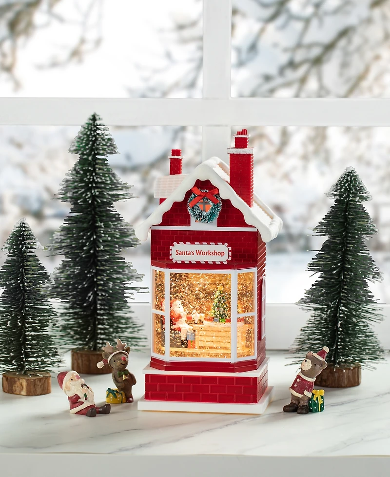 Glitzhome 10.5"H Lighted Santa's Workshop Waterglobe