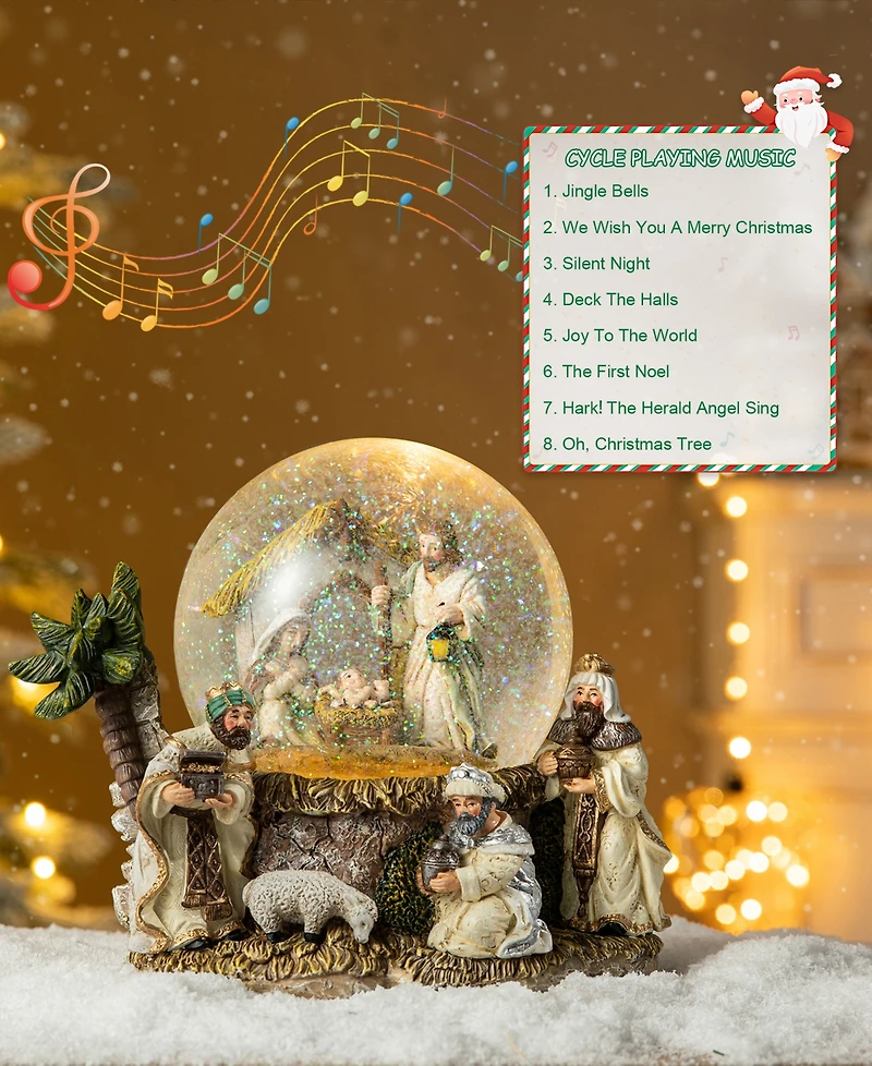 Glitzhome 150mm Christmas Oversized Resin Lighted Musical Snowflakes Nativity Scene Waterglobe