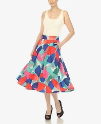 White Mark Women's Leaf Print Vintage Flared Midi Skirt