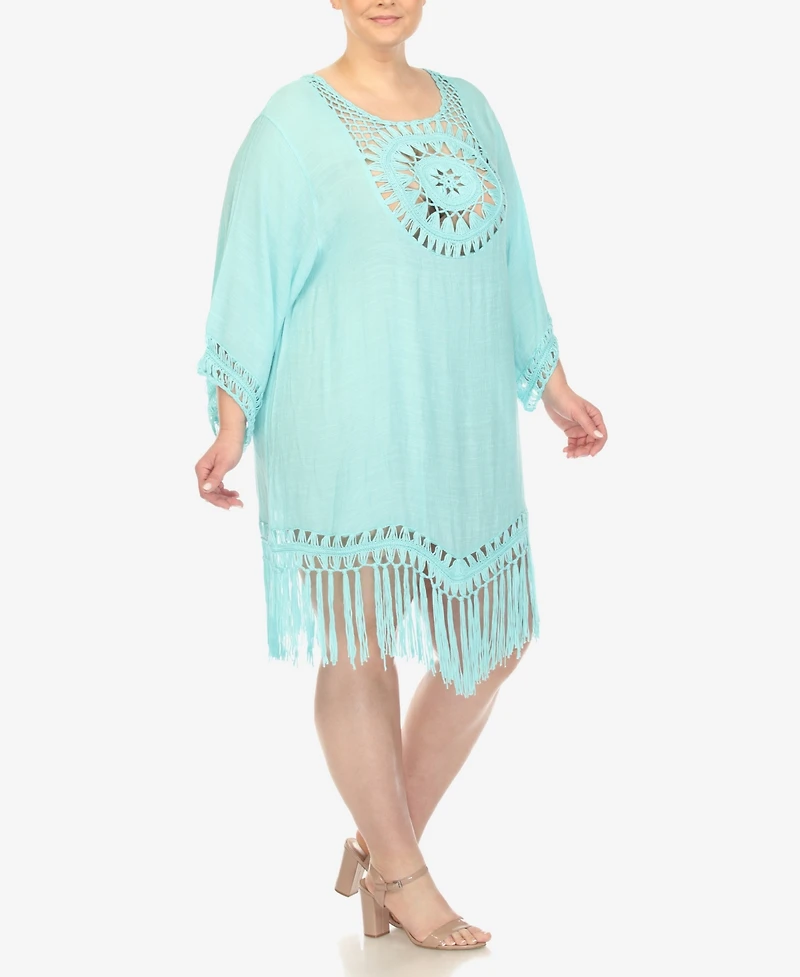White Mark Plus Crocheted Fringed Trim Cover Up Dress