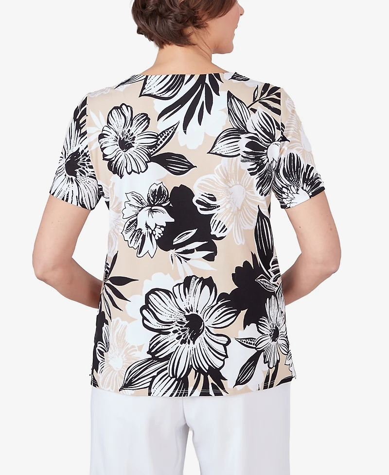 Alfred Dunner Women's Pleated Neck Bold Floral Short Sleeve Tee