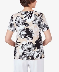 Alfred Dunner Women's Pleated Neck Bold Floral Short Sleeve Tee