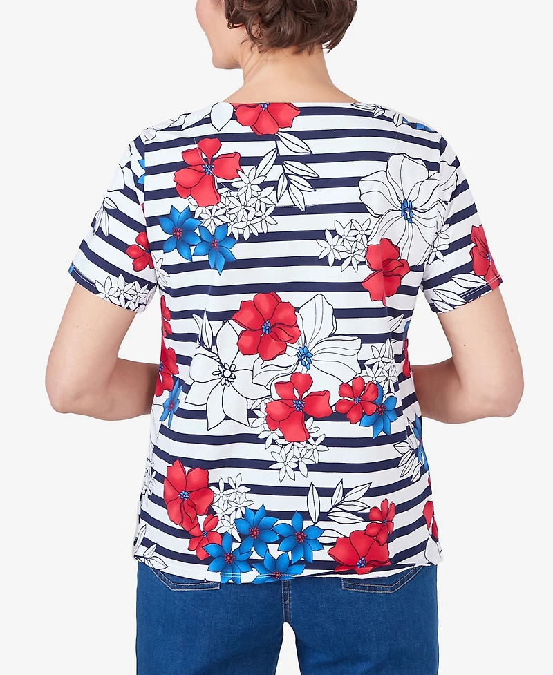 Alfred Dunner Women's Floral Stripe Braided Neck Tee