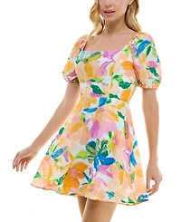 As U Wish Juniors' Puffed-Sleeve Floral-Print Smocked-Back Dress