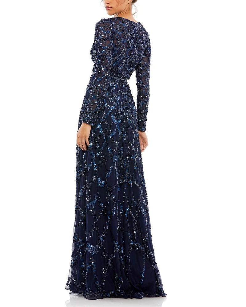 Mac Duggal Women's Embellished Illusion High Neck Long Sleeve A Line