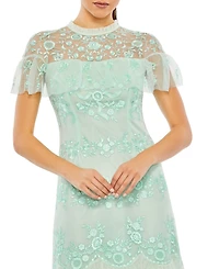 Mac Duggal Women's High Neck Mesh Tier Embroidered Dress