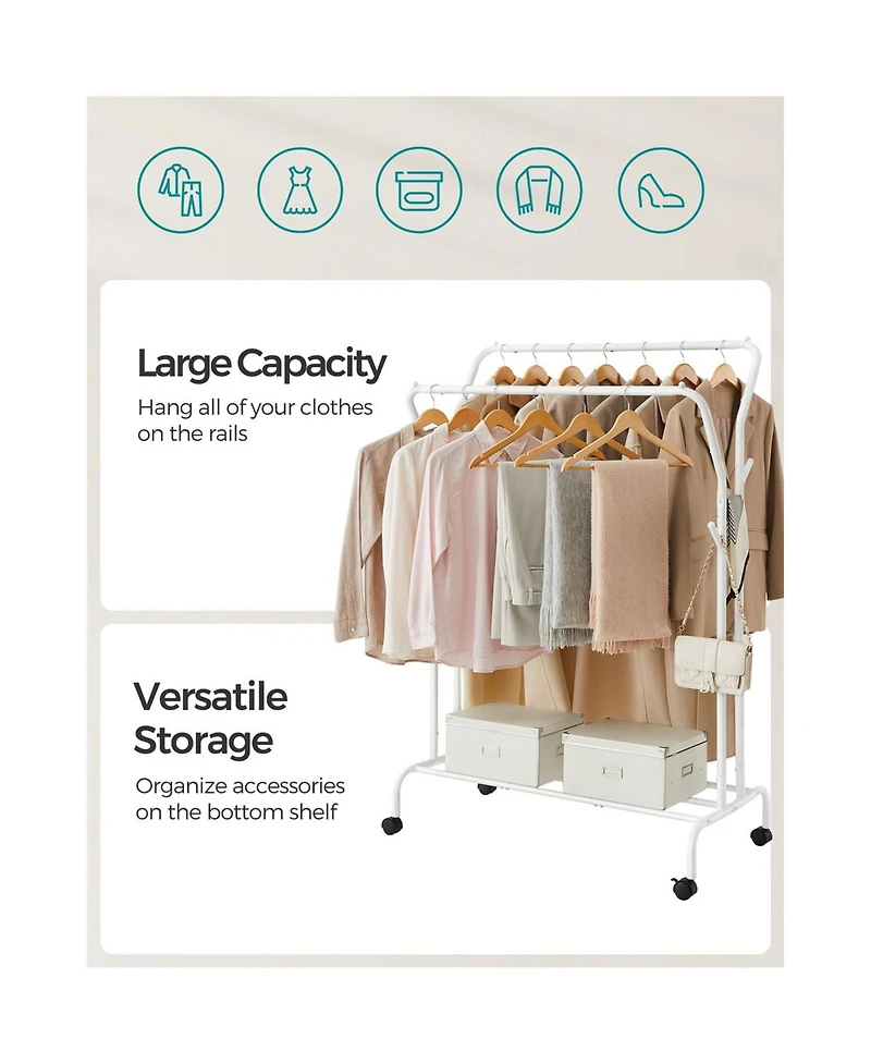 Slickblue Clothes Rack, Double-rod Clothing Rack With Wheels, Heavy-duty Metal Frame, Garment Rack
