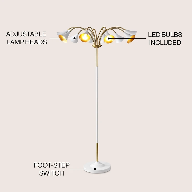Jonathan Y Vivian 61" 10-Light Mid-Century Modern Iron Medusa Multi Head Led Floor Lamp, White/Brass Gold