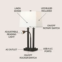 Jonathan Y Blaire 23.75" 2-Light Modern Farmhouse Metal Led Table Lamp with Usb Charging port, Adjustable Reading Light and Ac Outlet, Oil Rubbed Bron