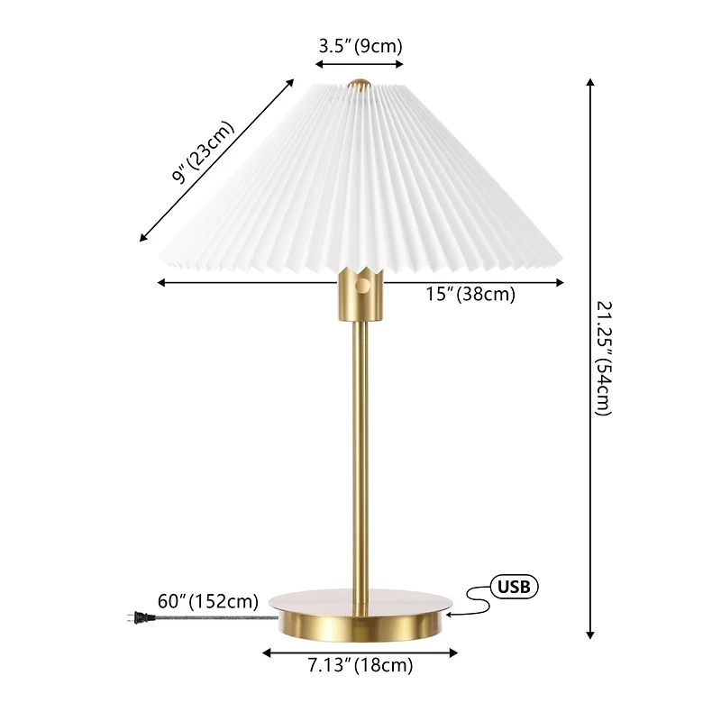 Jonathan Y Freida 21.25" Modern Glam Metal Column Led Table Lamp with Usb Charging Port and Pleated Shade, Brass Gold/White