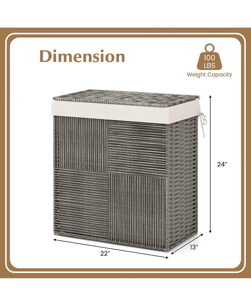 Hand-woven Rattan Laundry Hamper with Lid Removable Liner Bag 29-Gallon 2-Section