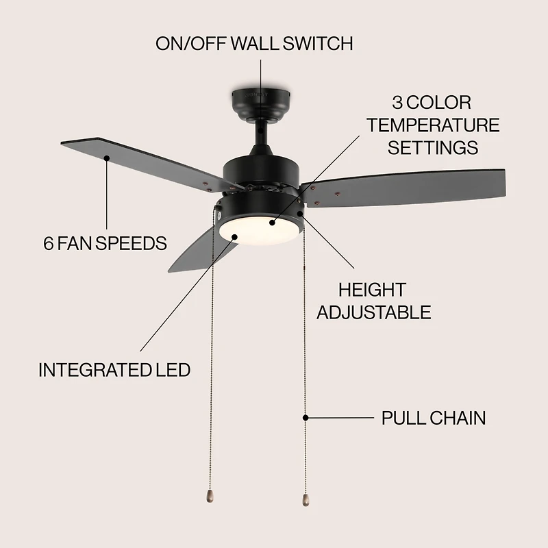Jonathan Y Blair 42" 1-Light Modern Minimalist 3-Speed Iron Height Adjustable Integrated Led Ceiling Fan with Pull Chains, Black
