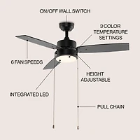 Jonathan Y Blair 42" 1-Light Modern Minimalist 3-Speed Iron Height Adjustable Integrated Led Ceiling Fan with Pull Chains, Black