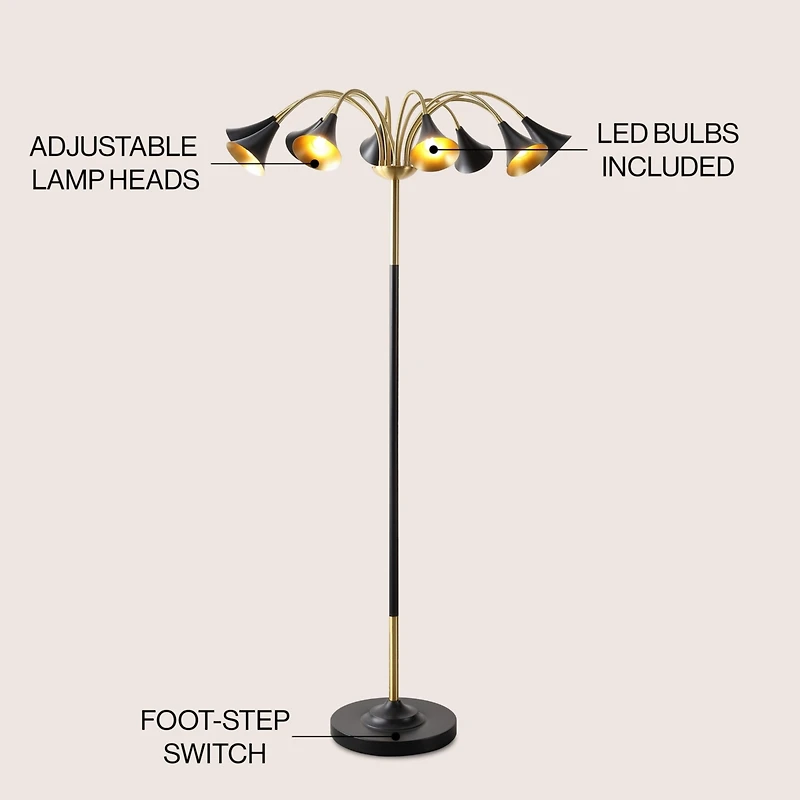 Jonathan Y Vivian 61" 10-Light Mid-Century Modern Iron Medusa Multi Head Led Floor Lamp, White/Brass Gold