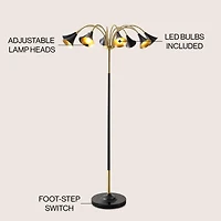 Jonathan Y Vivian 61" 10-Light Mid-Century Modern Iron Medusa Multi Head Led Floor Lamp, White/Brass Gold