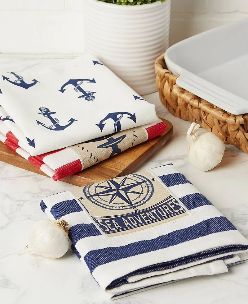 Design Imports Maritime Collection Kitchen Dishtowel Set, 18x28, Anchor Stripes, 3 Piece
