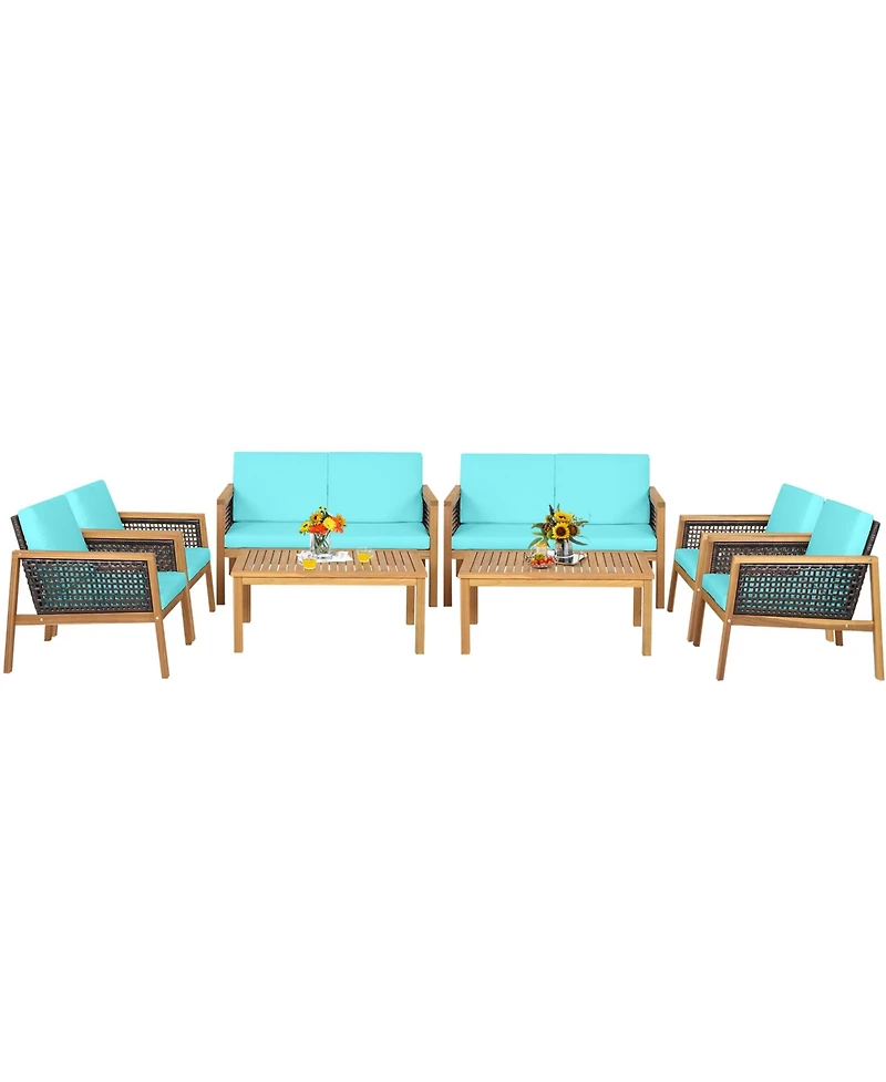 Gymax 8PCS Patio Acacia Wood Furniture Set Pe Rattan Conversation Set w/ Turquoise Cushions