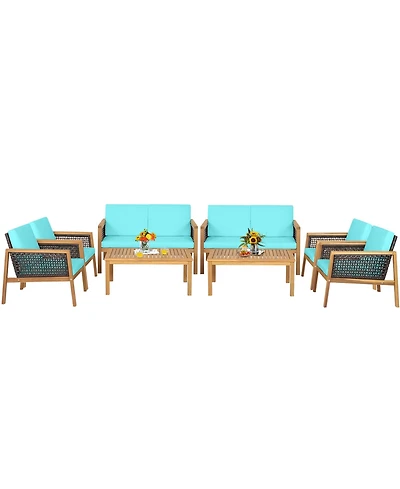 Gymax 8PCS Patio Acacia Wood Furniture Set Pe Rattan Conversation Set w/ Turquoise Cushions