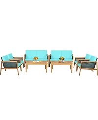 Gymax 8PCS Patio Acacia Wood Furniture Set Pe Rattan Conversation Set w/ Turquoise Cushions
