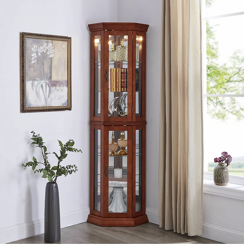 Streamdale Furniture Walnut Corner Curio Cabinet with Lights & Adjustable Shelves