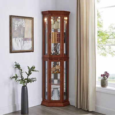 Streamdale Furniture Walnut Corner Curio Cabinet with Lights & Adjustable Shelves