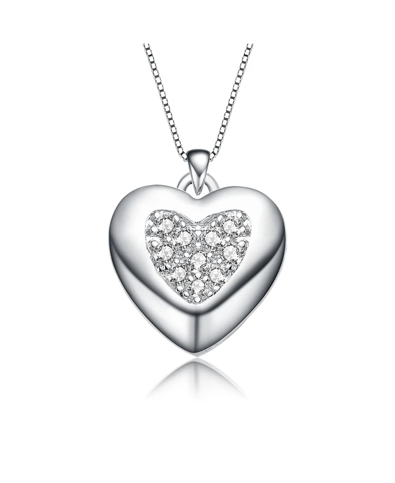 White Gold Plated with Cubic Zirconia French Pave Heart Pendant Necklace