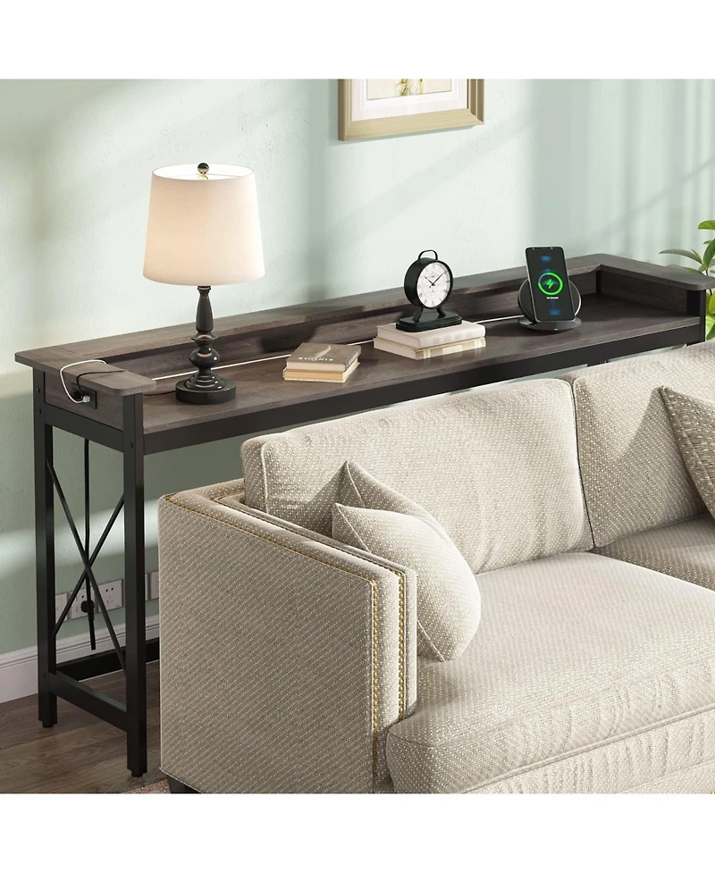Tribesigns Sofa Table with Outlets and Usb Ports, 70.9 inch Extra Long Console Behind Couch Charging Station, Industrial Narrow Entryway Ha