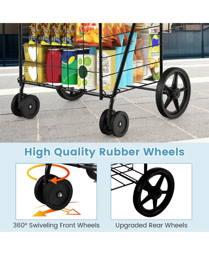 Sugift Folding Shopping Cart with Swiveling Wheels and Dual Storage Baskets