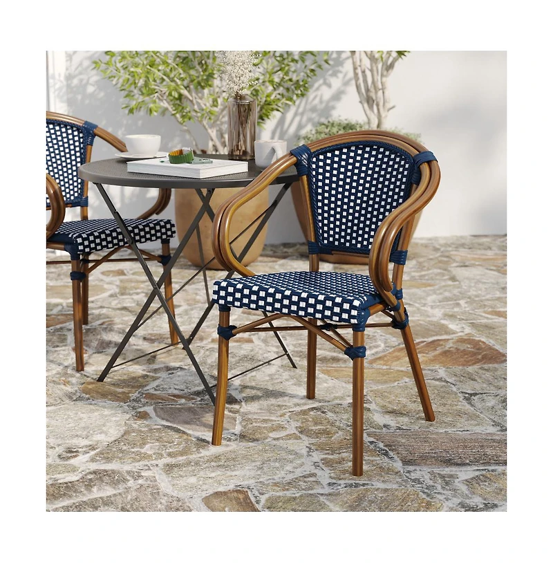 Merrick Lane Sacha Stacking Thonet Bistro Style Chair With Arms, Pe Rattan Seat, And Bamboo Finished Metal Frame For Indoor/Outdoor Use