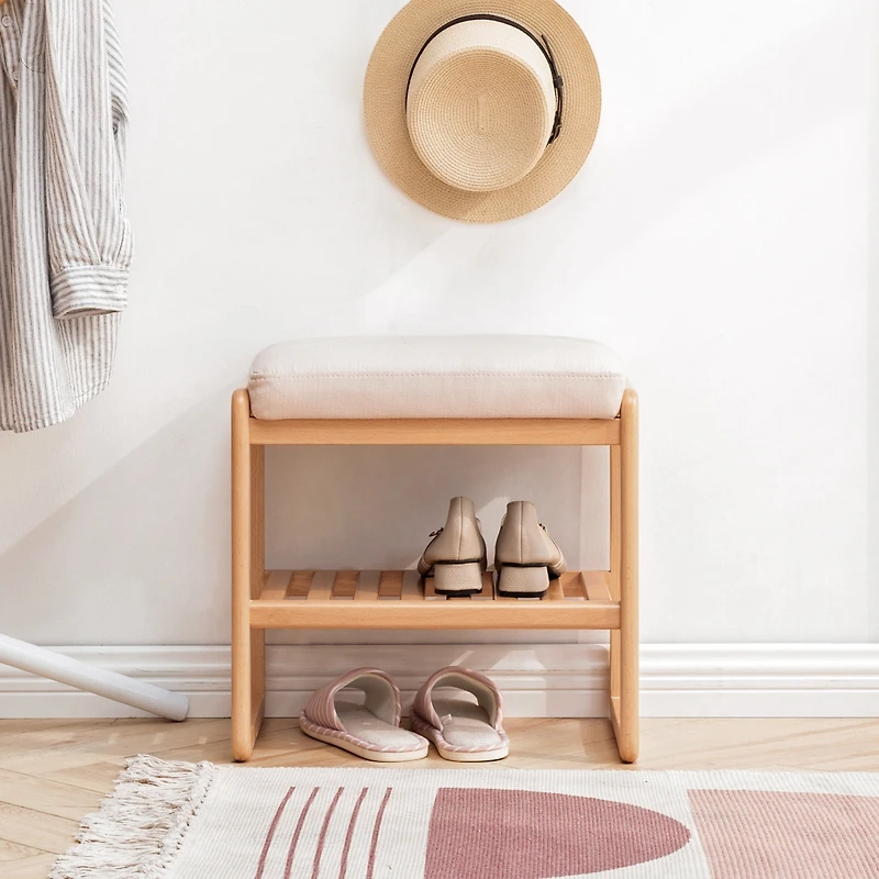 Simplie Fun Natural Solid Wood Shoe Bench, Beech Wood Storage Rack Organizer With High Rebound Sponge Cushion