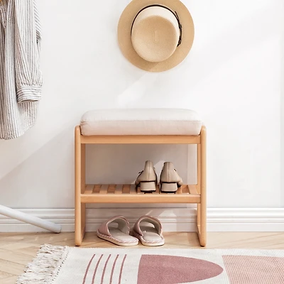 Simplie Fun Natural Solid Wood Shoe Bench, Beech Wood Storage Rack Organizer With High Rebound Sponge Cushion