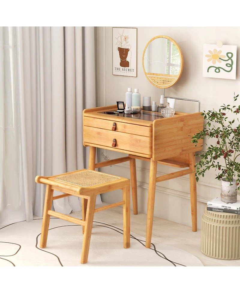 Sugift Bamboo Makeup Vanity Table with Mirror with 2 Storage Drawers
