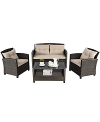 4 Pieces Patio Rattan Conversation Furniture Set with Glass Top Coffee Table