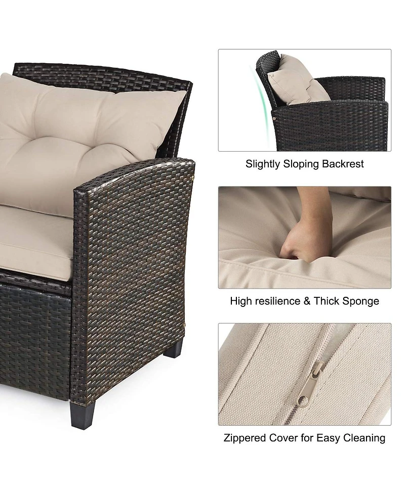 4 Pieces Patio Rattan Conversation Furniture Set with Glass Top Coffee Table