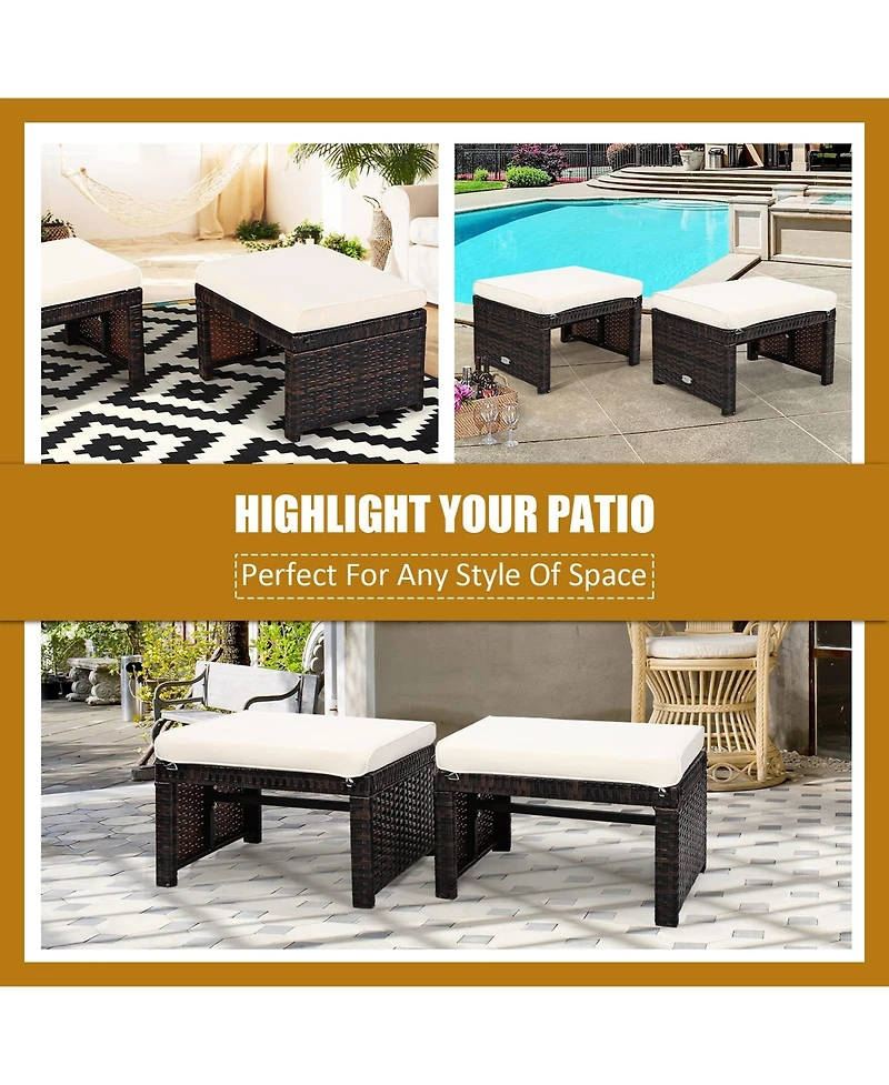 2 Pieces Patio Rattan Ottomans with Soft Cushion for Patio and Garden