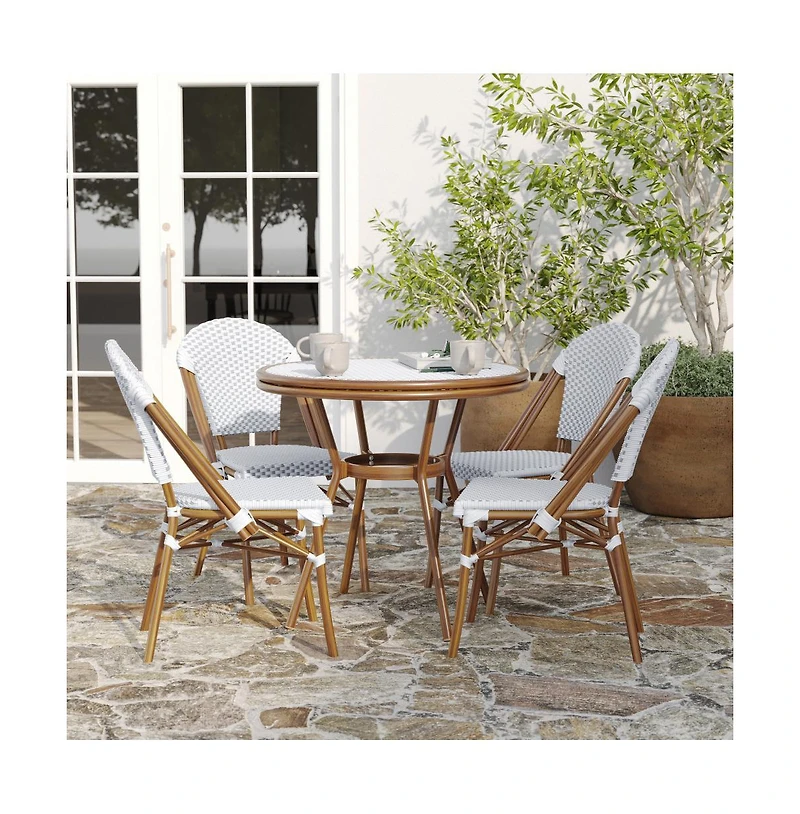 Merrick Lane Celia Bistro Style Table With Glass Top, Pe Rattan, Stack Chairs