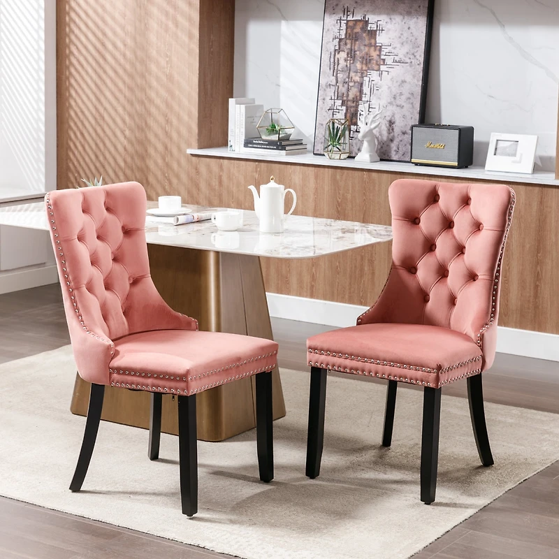 Nikki Collection Modern, High-end Tufted Solid Wood Contemporary Velvet Upholstered Dining Chair with Wood Legs Nailhead Trim 2-Pcs Set, Pink