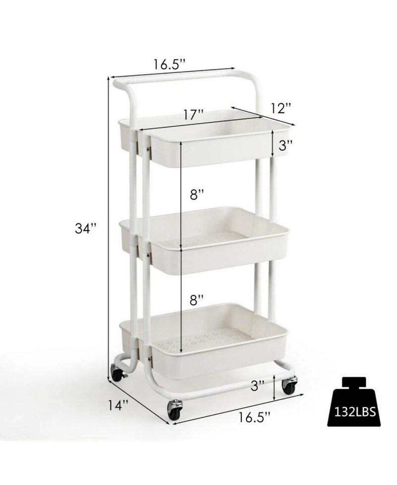 Sugift 3-Tier Utility Cart Storage Rolling Cart with Casters