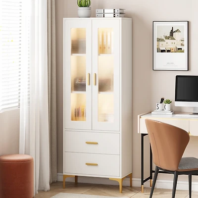 Tribesigns Bookcase with Doors and Led Light,Bookshelf with 2 Drawers, Freestanding Tall Storage Cabinet for Living Room, Bathroom, Office, Kitchen
