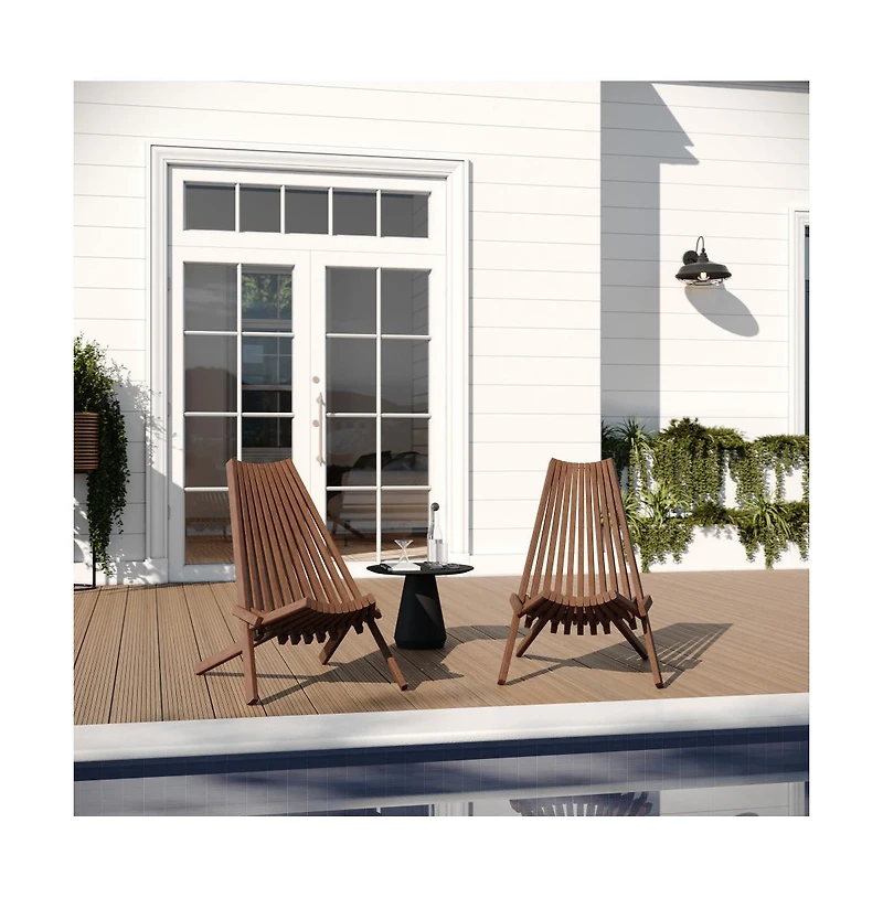Merrick Lane Dubois Indoor/Outdoor Solid Acacia Wood Low Profile Lounge Folding Chair For Use With Backyard, Patio, Sunroom, Porch, Garden