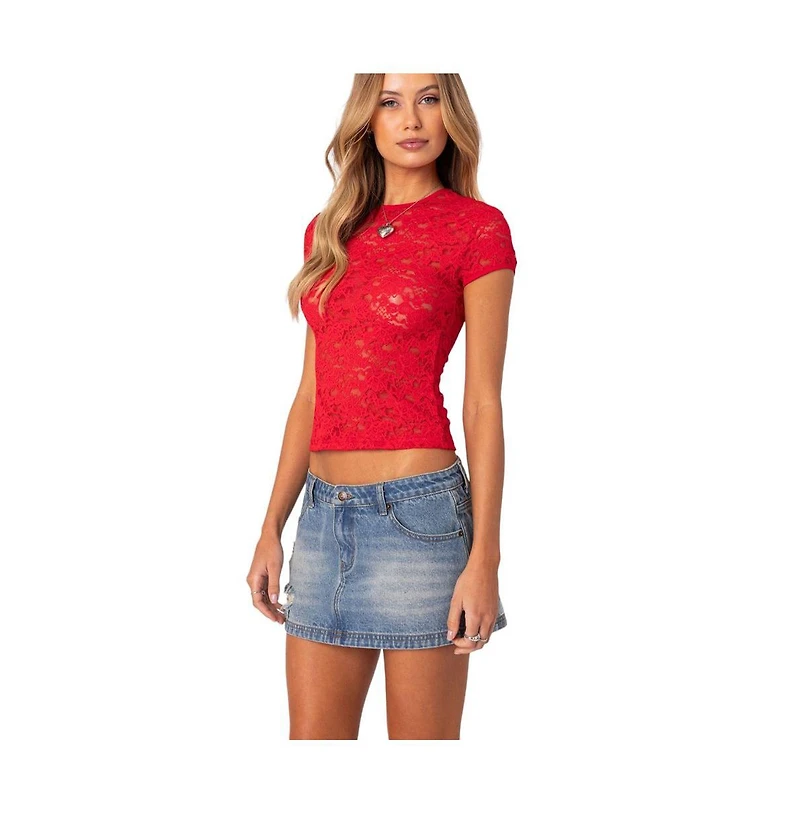 Edikted Women's Kaori Sheer Lace T Shirt