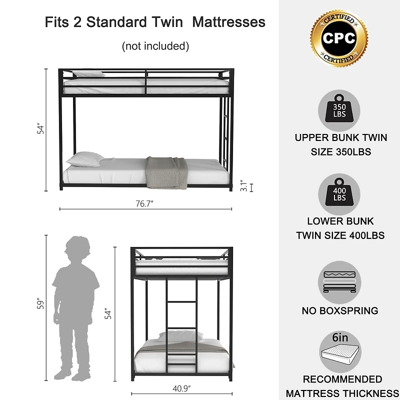 Streamdale Furniture Same as original B083124170 Adam Sturdy Twin over Twin Metal Bunk Black for Kids and Adult, Low Profile and Easy Climbing with St