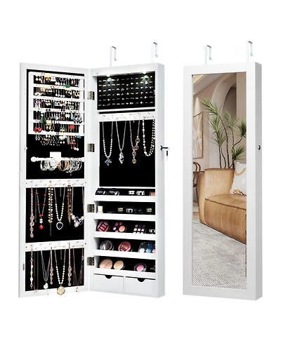 Sugift Lockable Wall Mount Mirrored Jewelry Cabinet with Led Lights