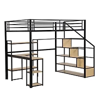 Full Size Metal Loft Bed With Staircase, Built-In Desk And Shelves