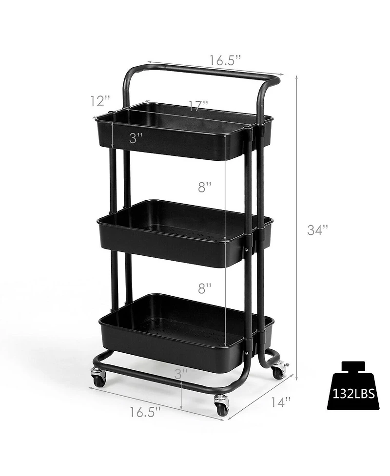 Sugift 3-Tier Utility Cart Storage Rolling with Casters