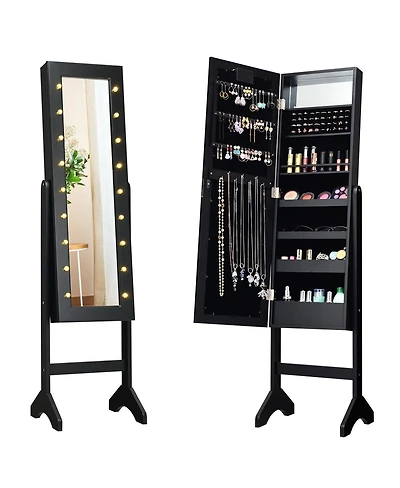 Sugift Mirrored Standing Jewelry Armoire Cabinet with Led Lights