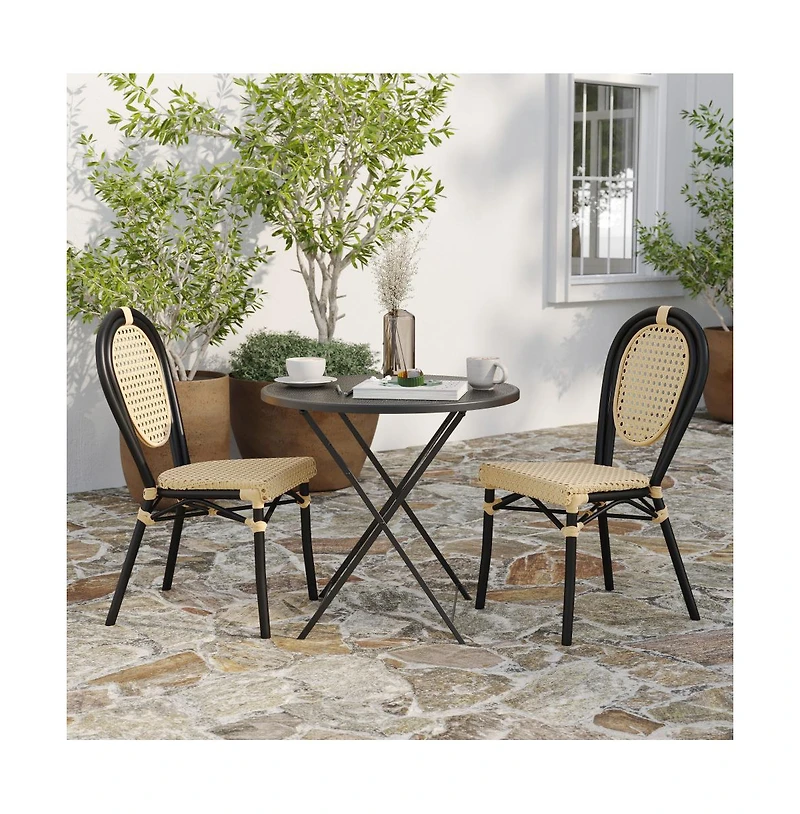 Merrick Lane Toulon Set Of Two Stacking Thonet Bistro Style Chair, Pe Cane Rattan Seat, And Metal Frame For Indoor/Outdoor Use