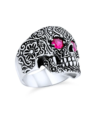 Bling Jewelry Large Biker Halloween Devil Demon Gothic Caribbean Pirate Red Cz Eyes Skull Head Signet Ring Oxidized Sterling Silver